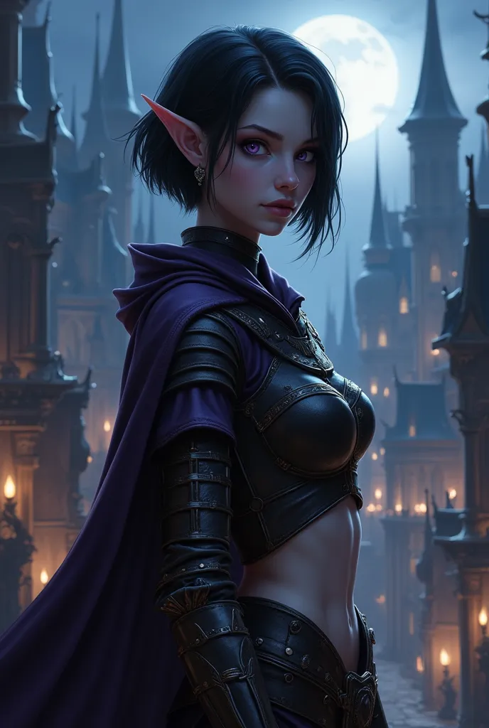 short black hair, chalk white skin, purple eyes, young half elf woman, leather armor with bare midriff, dark purple short cloak, fantasy city background at night
