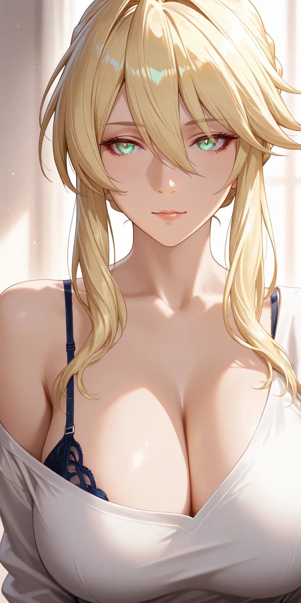 Masterpiece, very aesthetic, vibrant, high contrast, high resolution, ultra detailed, elegant mature woman, artoria Pendragon (lancer), off shoulder shirt, bra strap,, soft light, best quality, newest, honkai star rail cg style, portrait, semrealistic 