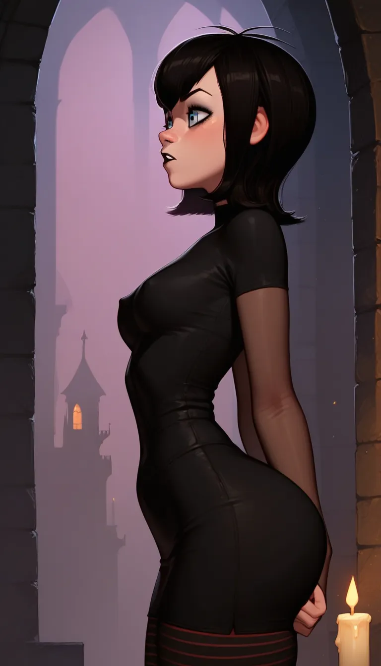 masterpiece,best quality, highly detailed, score_9, score_8_up, score_7_up, score_6_up, score_5_up, score_4_up, Expressive, Mavis from hotel transylvania, girl, goth, black lips, dark eyes, curvy body, wide hips, flat round medium breast, bubbles ass, nipp...