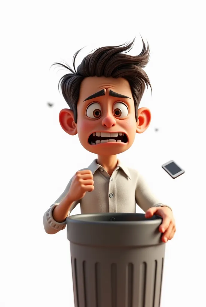 Close up of a person throwing a cell phone in the trash, Realistic Pixar character style, angulo lateral, with white background