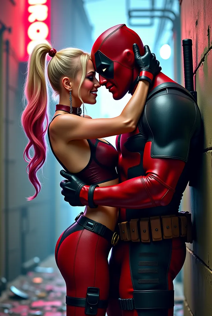 Harley Queen and Deadpool kissing