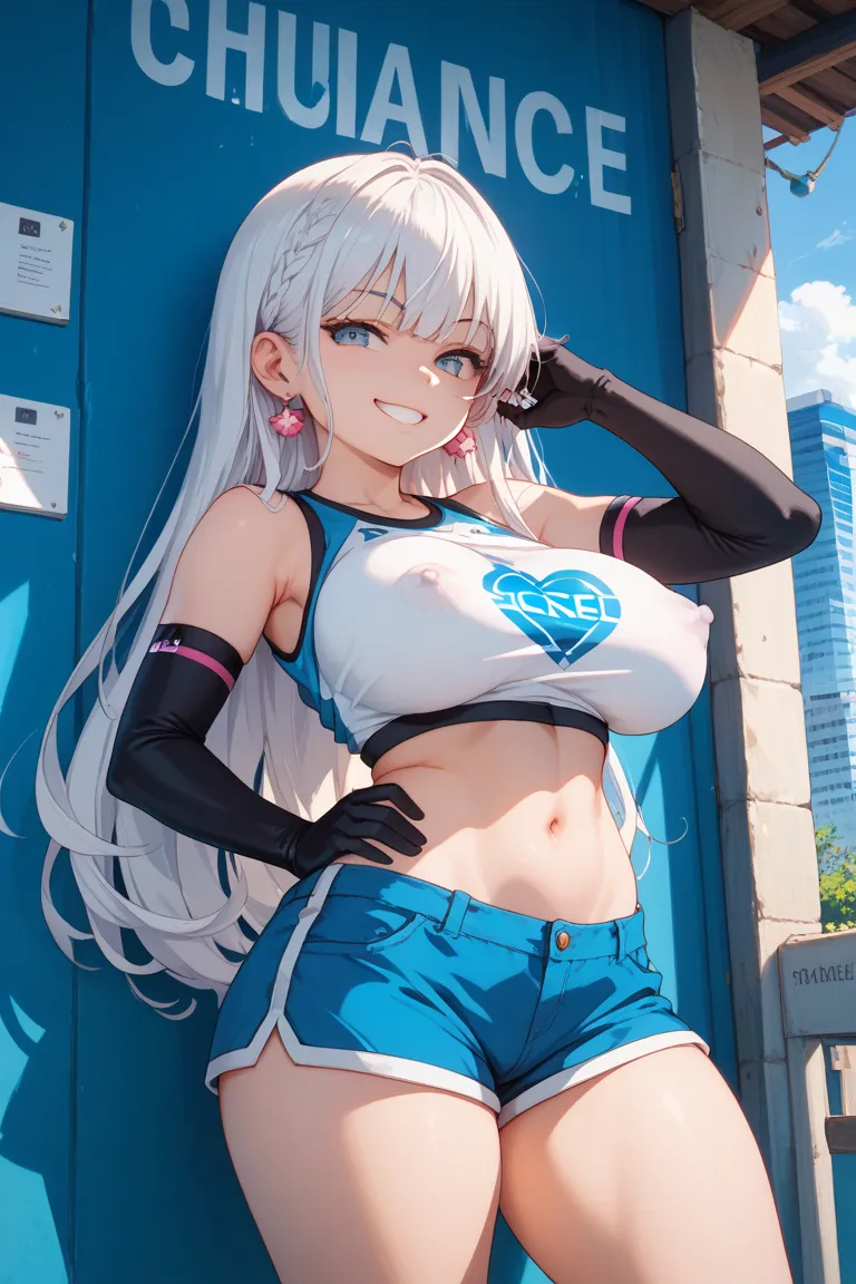 score_9, score_8_up, score_7_up, masterpiece, best quality, very sexual pose,change, Erinkle ,1 girl, Alone, white hair, long hair, staring at the viewer, Uneven Skin, ,  smug , Lewd smile, very large breasts, erect nipples crop top, SHORTS, Hip, thighs,  ...