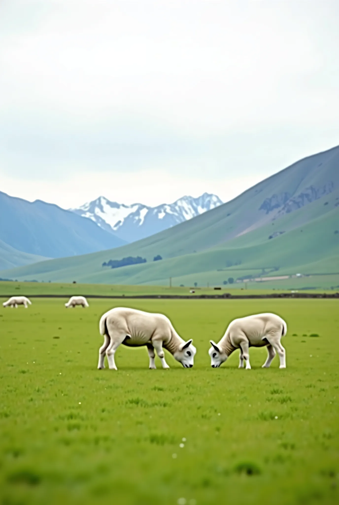 On a vast green pasture, the meadow is flat and open, several fat lambs graze, Lambs are very white, pale pink sky on a hillside in the distance, , non-melting snow-capped mountains,  summer,  Landscape photo , ultra high definition, ultra high definition,...