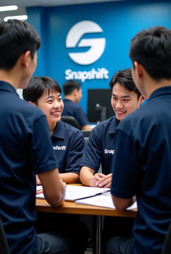 Vietnamese employees wearing dark blue shirts with white snapshift are advising clients about contracts in the office of the company with the snapshift logo 