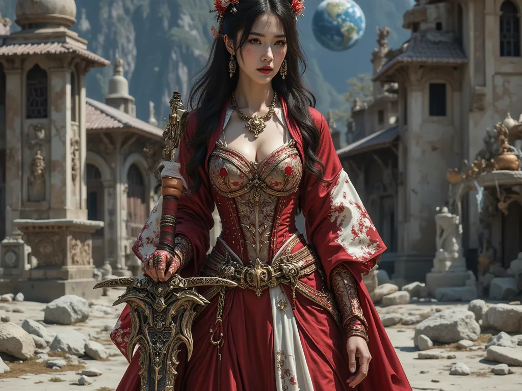 arafed woman with bustier gigantic breast in a corset and dress in front of a building, wearing an ornate outfit, ornate dress, intricate dress, elegant corset, ornate and elegant, extravagant dress, inspired by Hedi Xandt, ornate attire, intricate outfit,...