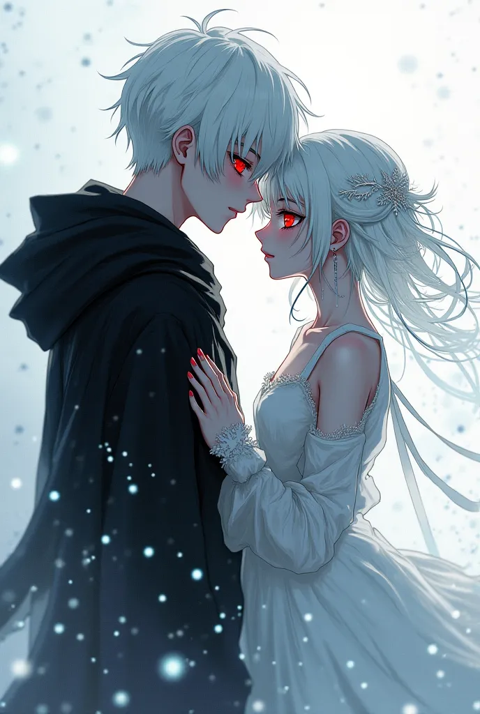 Blackhair whitehoodie blackpant whiteshoes Redeye death anime boy white hair and white dress up iceprincess girl