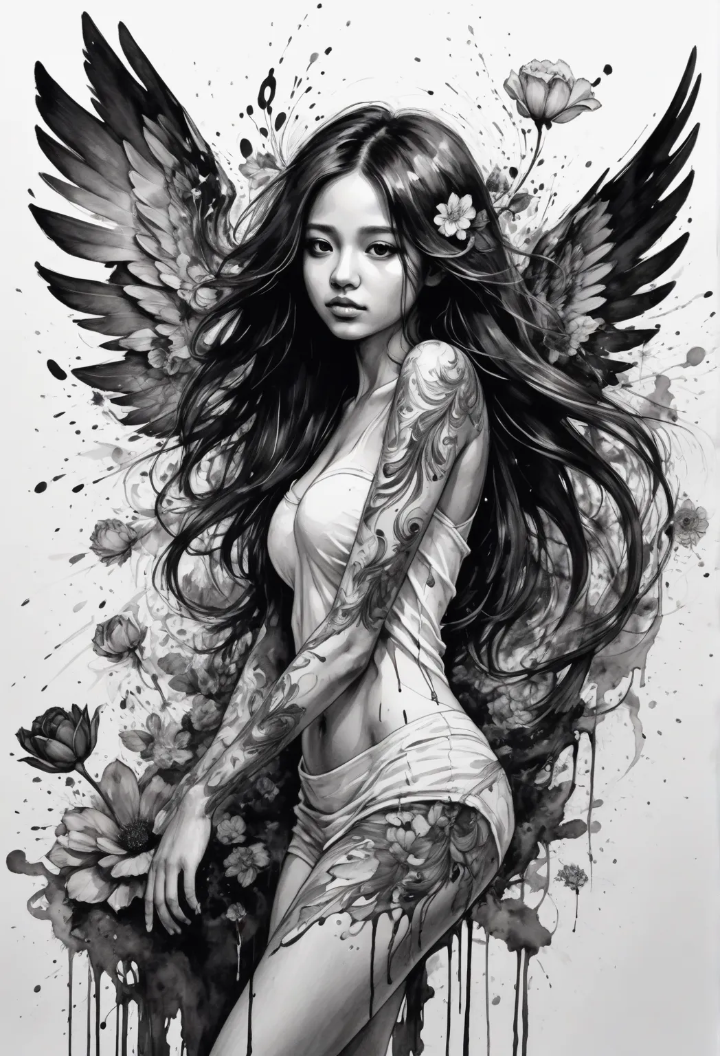 bloom, monochrome, ink sketch ,  a young woman , latina,  with angel wings, black wings,  sexy position, looking at the spectator,  long hair, floating hair, new, Flowers growing through the body (abstract ink splash:1.2), white background