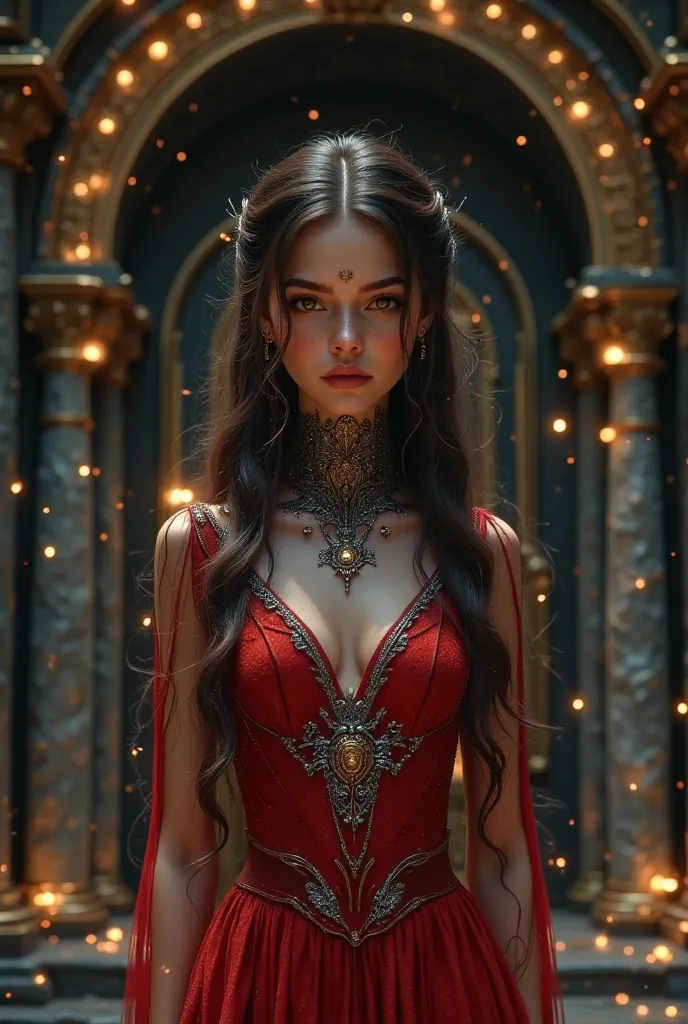 In a black stone palace in the Underworld of Hades, A 27-year-old Greek woman, long hair ordered light brown, brown eyes. Elle est habille d'une robe en soie noire et de velours rouge. It is decorated with silver and precious stone embroidery, and its coll...