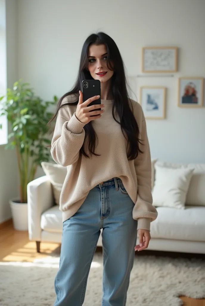 A photo-realistic shoot from a front camera angle about a young woman taking a selfie in a modern living room. the image also shows a white couch, a plant, and a framed picture on the floor. on the middle of the image, a 1 woman who appears to be 20 years ...