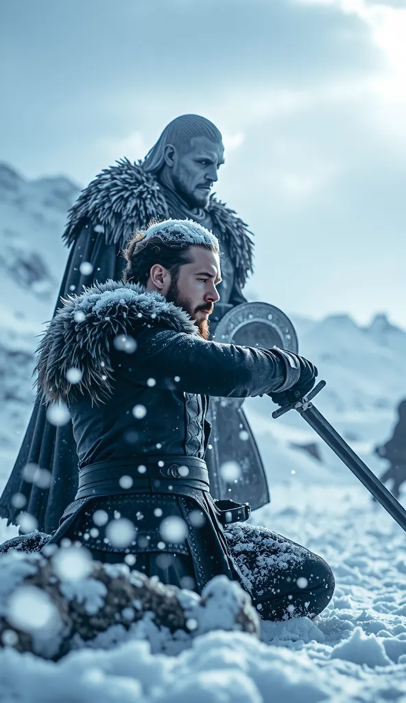 John Snow from the Game of Thrones saga has an epic battle clashing his swords against the Night King. The landscape is a cold place with snow 