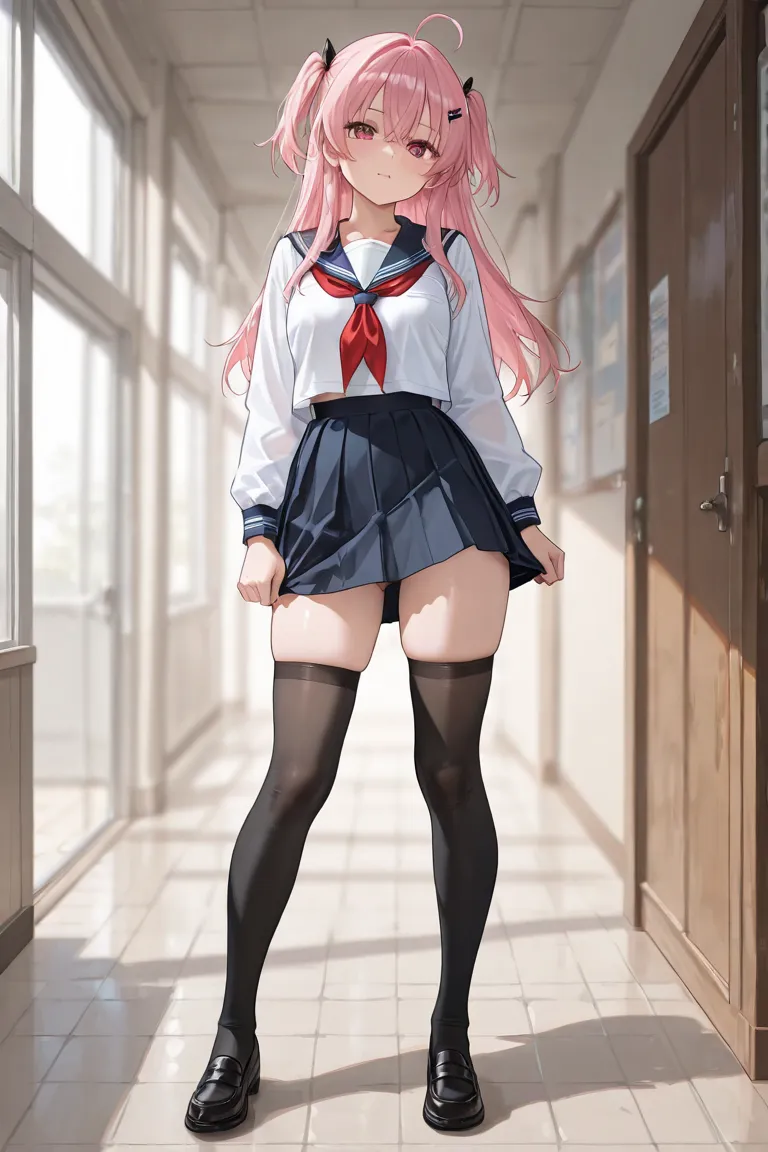 full body　 schoolgirls　knee-high socks　I'm showing my thighs by pulling up my long skirt