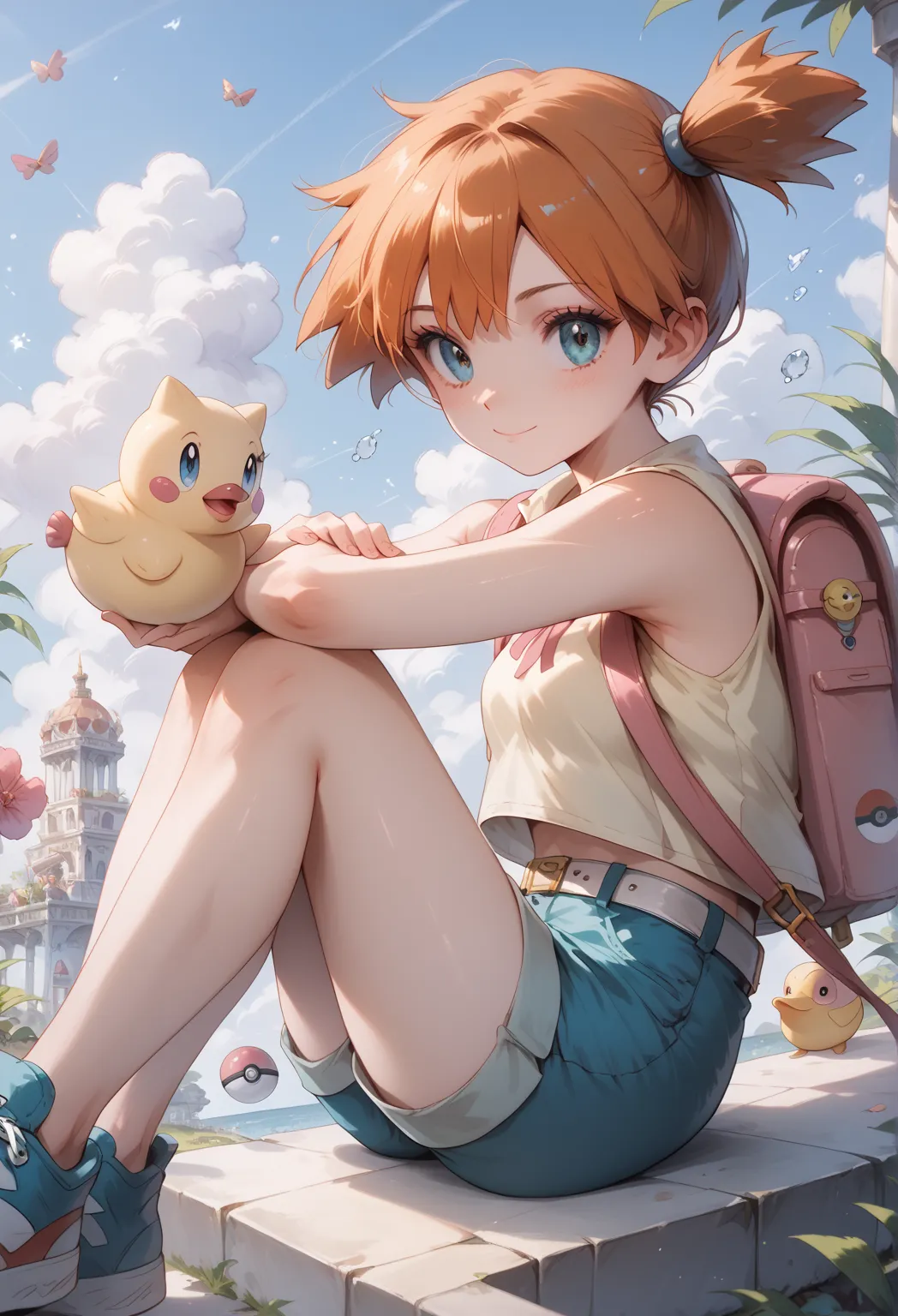 Misty_ Pokemon  , cabello naranja, wearing a sleeveless shirt with a yellow hood, she also draws blue shorts with a white belt and a pink buckle,  blue sneakers , a very adorable Psyduck backpack
( insanely detailed, beautiful detailed face, masterpiece, t...