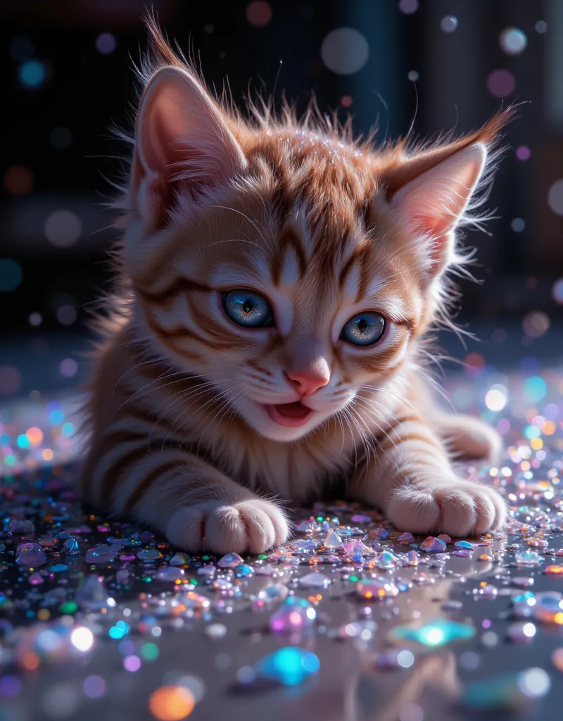 closeup zoom,(macro:1) photo,cute kitty cat plays on,(mandelbulb fractals:4) thousand shards of colorful glass candy on an opalescent countertop,condensation,effervescent,detailed,intricate,key light,backlight,fill light,three-point lighting, nebulae bubbl...