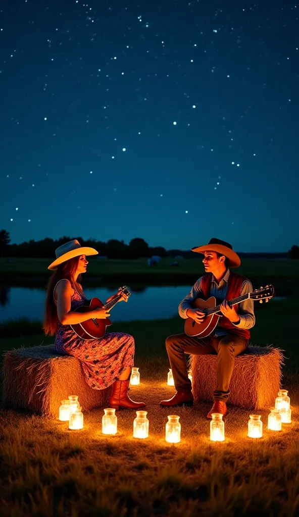 Country duo in an open field under a starry sky Two country musicians, a man and a woman, sit on bales of hay, playing guitar and banjo. The woman wears a floral dress and cowboy boots, and the man wears a leather vest over a denim shirt. A circle of keros...