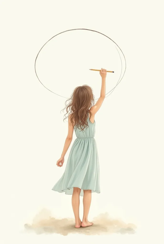 Create a delicate ((minimalist doodle sketch style)), a  stands with her back to the viewer, holding a pencil gently. She is drawing a long, almost circular line in the air, unfinished and flowing. Her hair is loose, slightly tousled, and her bare feet tou...