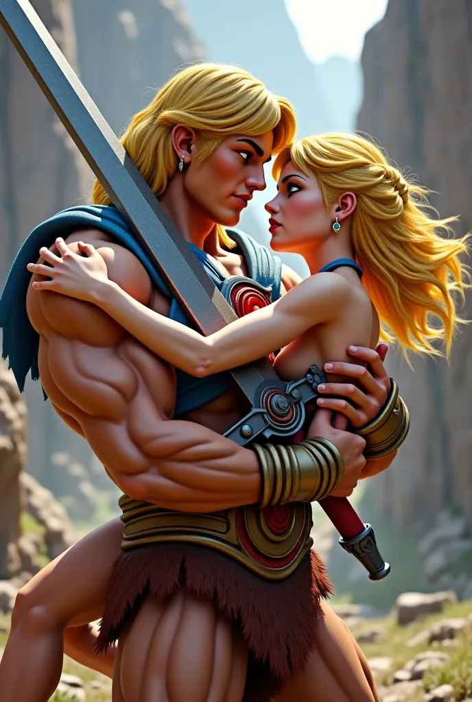 He-Man aus Masters of the Universe, who holds a blonde heroine with a braid and blue eyes in her arms. In his right hand, he raises his sword 