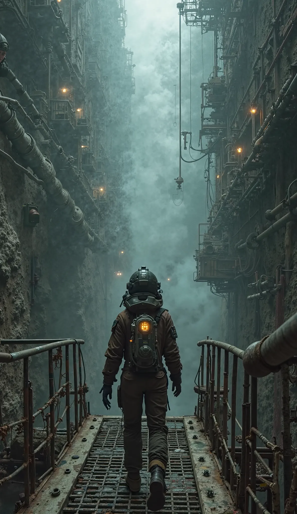 top down view. , young explorer in a heavy protective suit, covered with signs of time and corrosion, is standing on the emergency bridge above a giant shaft. Her boots slide across rusty metal, and dilapidated handrails creak menacingly under her arm.

Be...