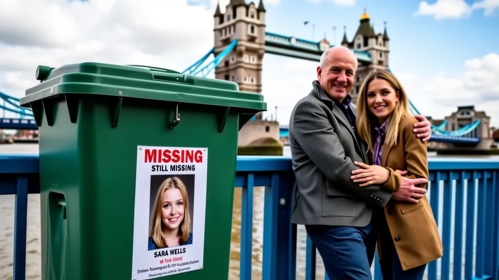 "A high-resolution, realistic photo featuring a green trash bin on a bridge with a missing person poster attached to it. The poster shows a young blonde girl with a serious expression and the words 'STILL MISSING' in bold, along with the name 'Sara Wells' ...