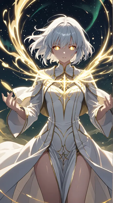 ((masterpiece,)) ((high quality,)), best quality, untreated, ultra detailed view, higher, 8k, A scene in cell-shaded anime style featuring Grimm=Vernheit, a mysterious androgynous homunculus. Grimm has long, glass-like white hair, an eerily perfect face, a...