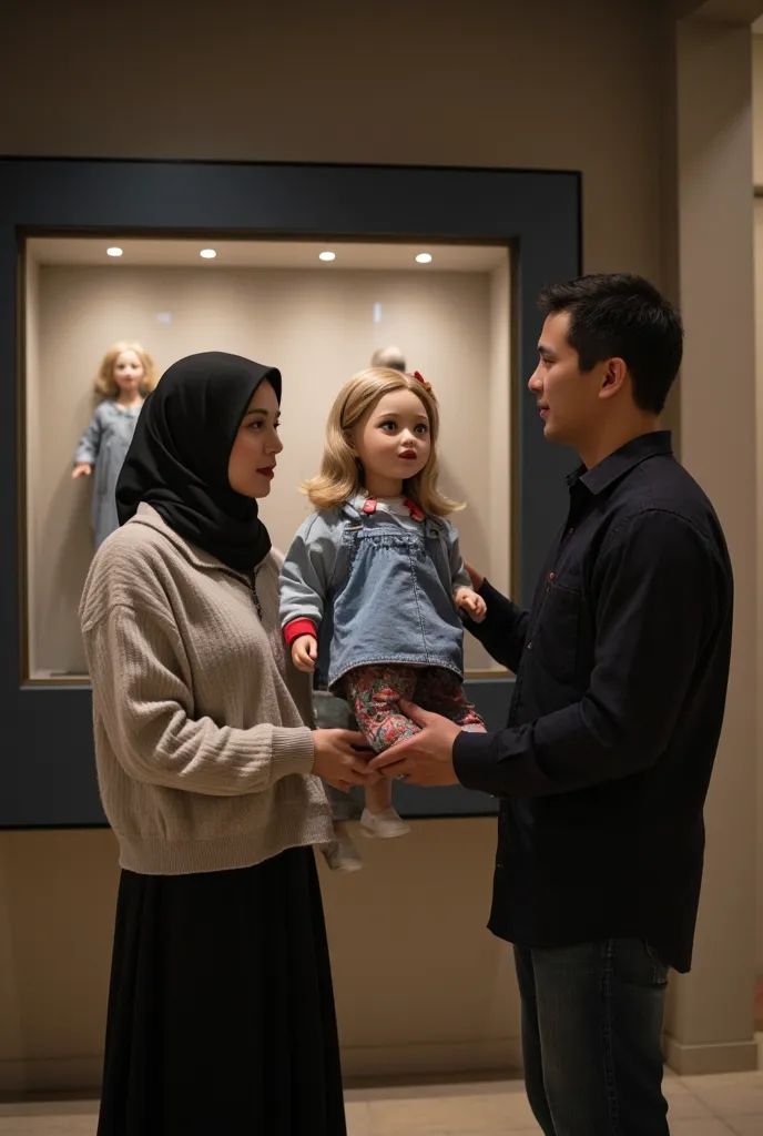 there is a man and woman holding a doll in front of a display case, inspired by Rudy Siswanto, creepy uncanny valley, real life size, museum curator, wonderful masterpiece, inspired by Sam Havadtoy, as an action figure, inspired by Shaddy Safadi, museum ph...