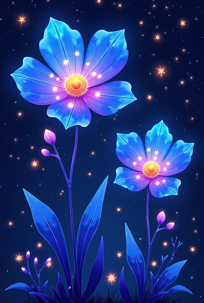 VibrantGlow style. The image is a vibrant, digitally created artwork featuring two large, stylized flowers with delicate, glowing petals set against a dark, star-filled background. The flowers are depicted in brilliant hues of blue and purple, with their p...