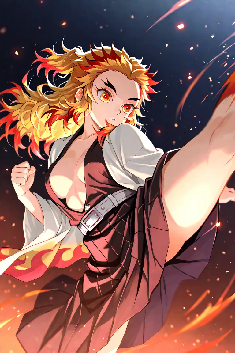 {rengoku kyoujuurou},{kimetsu no yaiba},Detailedparticles, depth_of_field, high resolution, high quality, high quality, high resolution olution, detailed image, beautiful girl, beautiful to the eye, solo, medium breasts, kicking, 