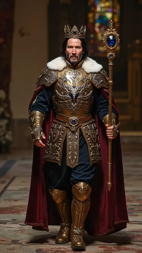 Keanu Reeves reimagined as a Medieval King walking and holding a scepter、dramatic atmosphere, 1 male、
Shoulder-length, wavy black hair, a well-groomed beard, and piercing dark eyes. His facial features are sharp and noble. A golden crown, adorned with sa...