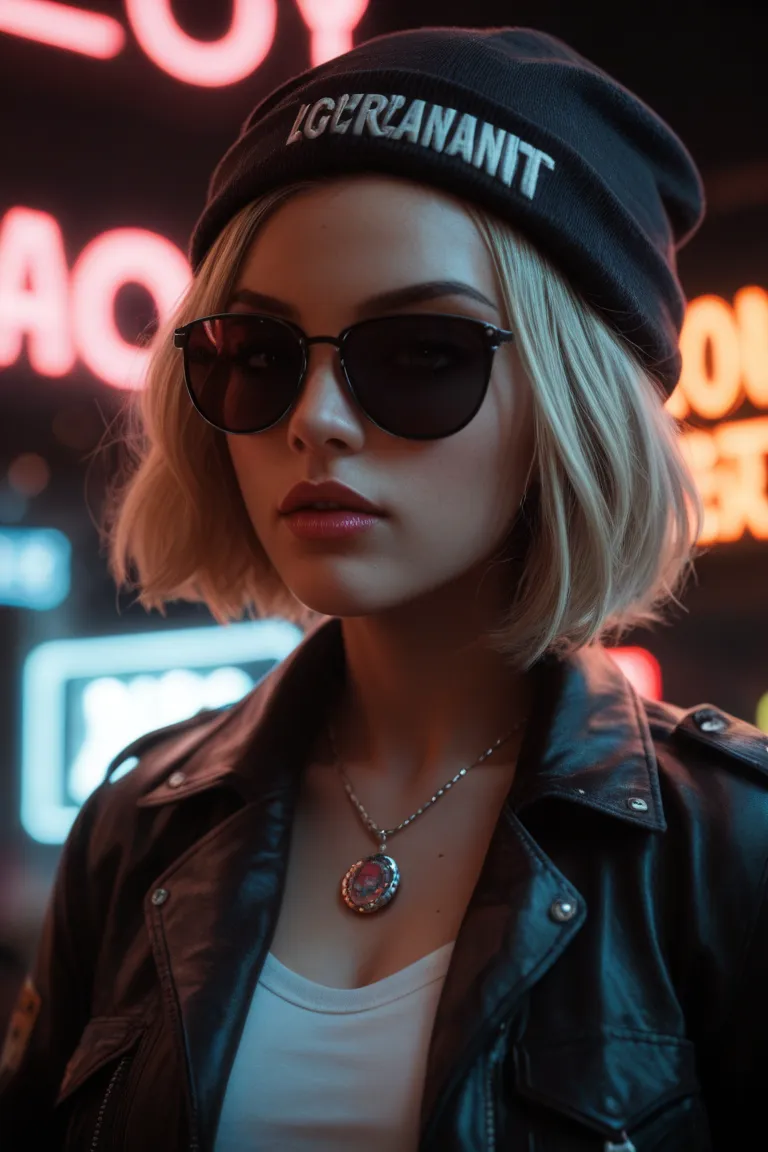 Enlarged face , alternative girl, looking through black sunglasses, jacket, necklace,  reflections of neon light on the skin, Sergeant, makeup,  skin imperfections , short hair, beanie hat, neon lights , weak light, depth of field, High detail, high contra...