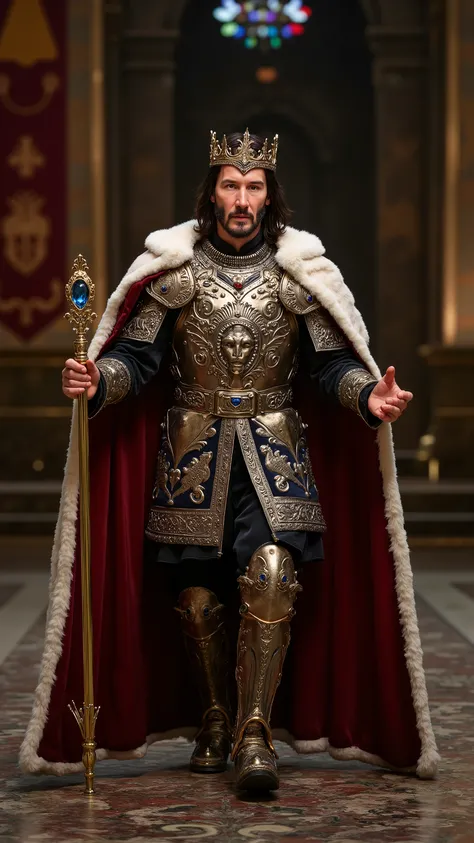 Keanu Reeves reimagined as a Medieval King walking and holding a scepter、dramatic atmosphere, 1 male、
Shoulder-length, wavy black hair, a well-groomed beard, and piercing dark eyes. His facial features are sharp and noble. A golden crown, adorned with sa...