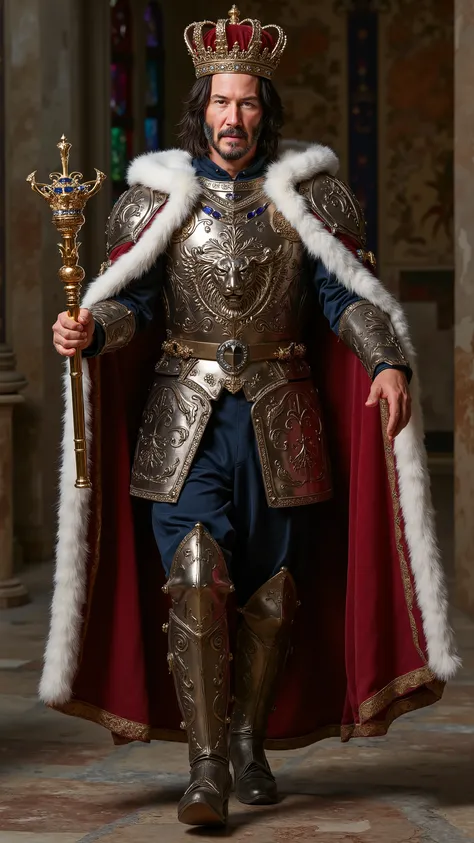 Keanu Reeves reimagined as a Medieval King walking and holding a scepter、dramatic atmosphere, 1 male、
Shoulder-length, wavy black hair, a well-groomed beard, and piercing dark eyes. His facial features are sharp and noble. A golden crown, adorned with sa...