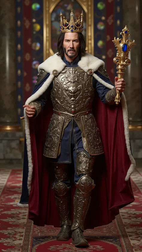 Keanu Reeves reimagined as a Medieval King walking and holding a scepter、dramatic atmosphere, 1 male、
Shoulder-length, wavy black hair, a well-groomed beard, and piercing dark eyes. His facial features are sharp and noble. A golden crown, adorned with sa...