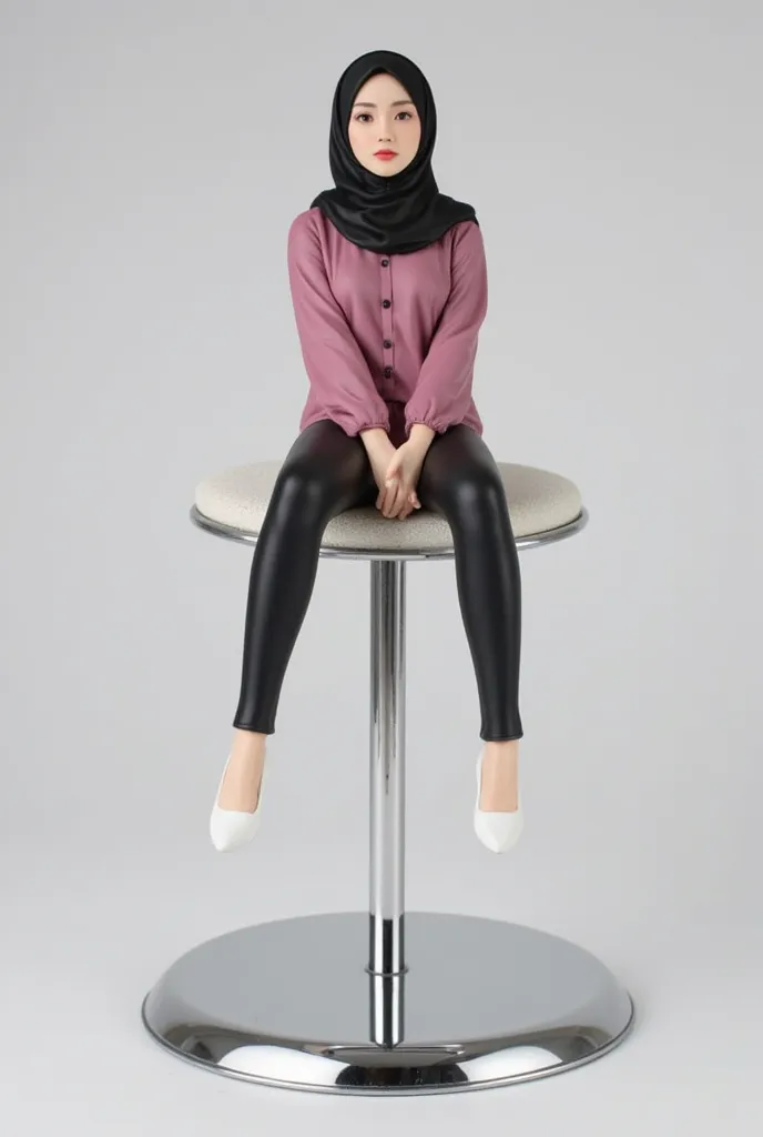 Product photo of a female PVC figure viewed from the front
, 3dfigure is a beautiful asian hijab woman
, 3dfigure is 30cm tall and made of PVC
, 3dfigure is on a reflection chrome plated platform
, The platform has a pole to support the figure
, The pole i...