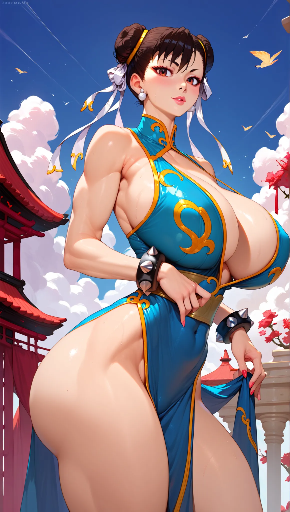 very beautiful woman, chun-li à genoux et ouvre la bouche, gigantic breasts,  gigantic ass,   slim waist  ,   blue tight dress,   ultra detailed  , high quality, high resolution 