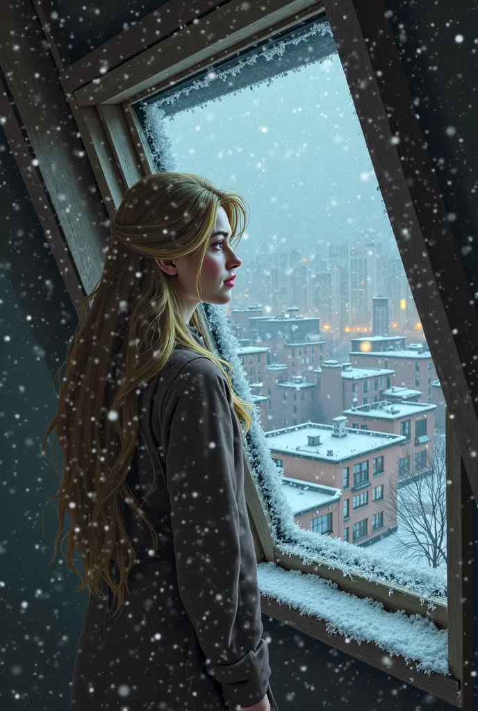 young blonde woman looking out of attic window, sloping wall and view of winter city.  No snow in the room