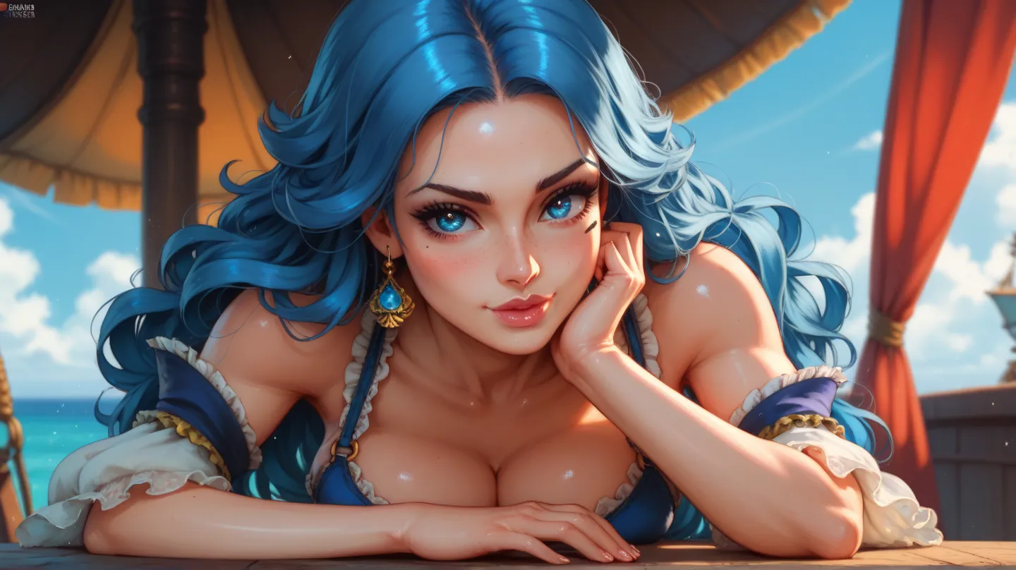 A beautiful pirate, blue hair perfect face perfect eyes perfect sexy body,  Ultra-realistic cinematic HDR lighting, resolution 8k. full body image, no imperfections on the face, Perfect hands