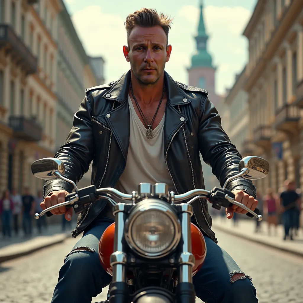 high quality,  8K Ultra HD, hyperrealistic. A man in modern rocker clothes - a biker motorcycle jacket and a wide loose t-shirt,  in a skewer, sitting on a motorcycle on a street in St. Petersburg. 