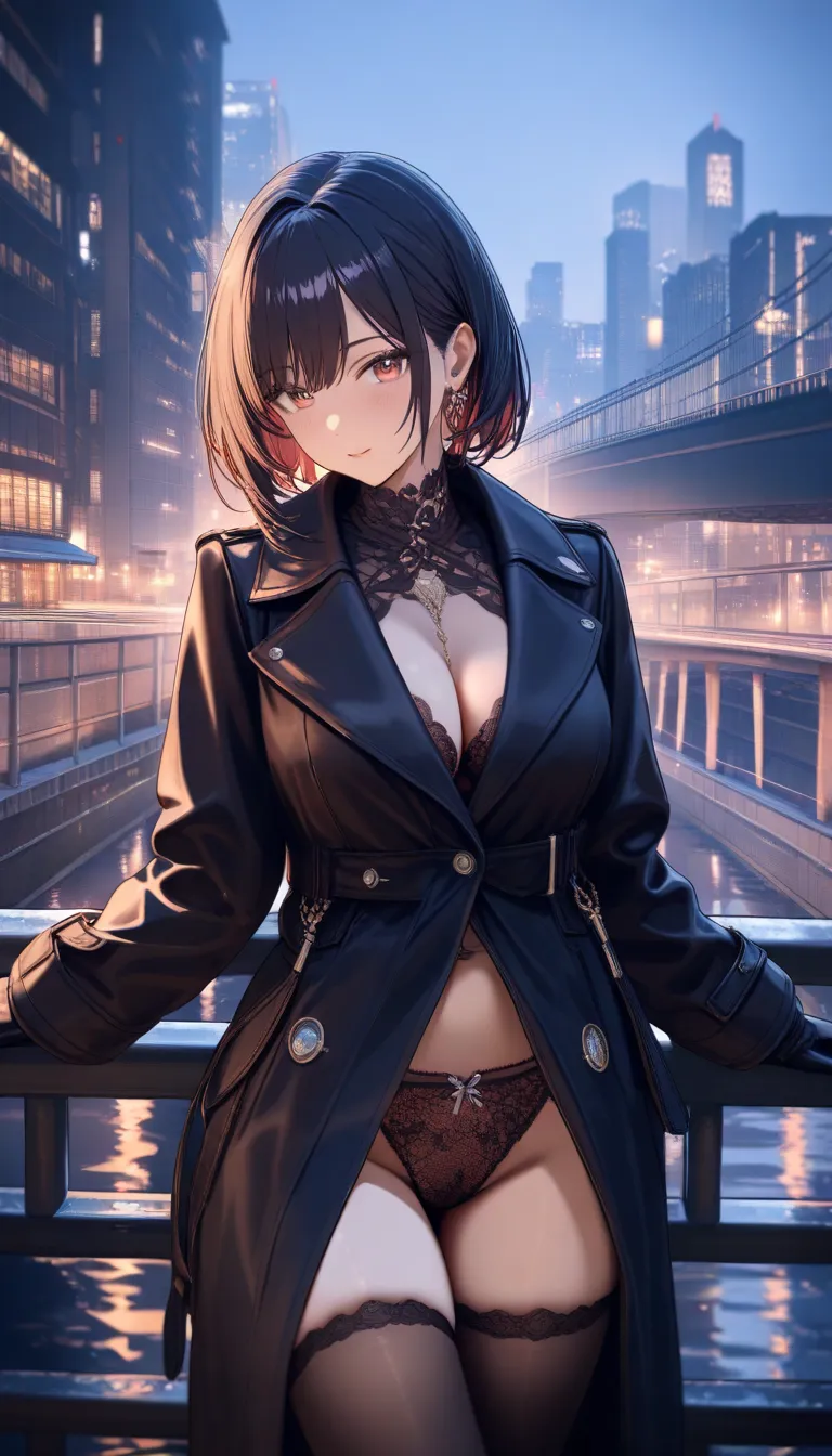 one woman, dark thighhighs, lace bra, lace panties, large coat, urban bridge, leaning against the railing, at night, cowboy shot, highly detailed, HD, 4K, Masterpiece, highres