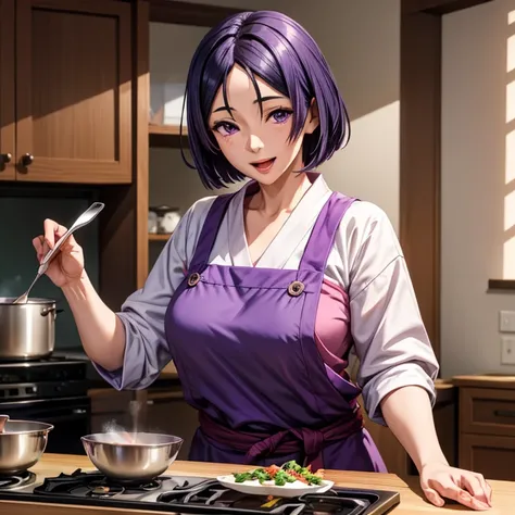 purple hair, short hair, purple eyes, sanpaku, open mouth, light smile, anime style, depth of field, masterpiece, high quality, high details, 8k、One Japanese Housewife、45 years old、Cooking in the kitchen at home、