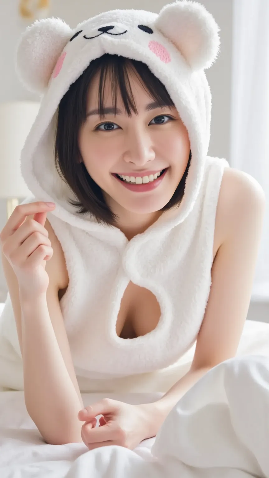 (Chest Valley。Between the breasts:1.3)。(bras:1.8)。cute Japanese girl。on the bed in the bedroom。Staring at viewers with a big smile showing teeth。Jet Black Hair。very thin waist。close-up on the face。Very bright natural light 。She is wearing a cute bear hoode...