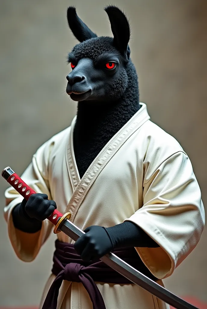 An Alpaca head with a very muscled human body, dressed in a white kimono with a dark belt and grabbing a giant Japanese katana..he katana has a red handle a a very shiny edge. The alpaca face is covered with black furr, has red eyes and a deadly look on hi...