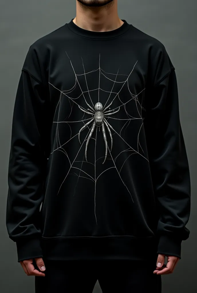 Generate a black sweatshirt with a spider and cobweb print 