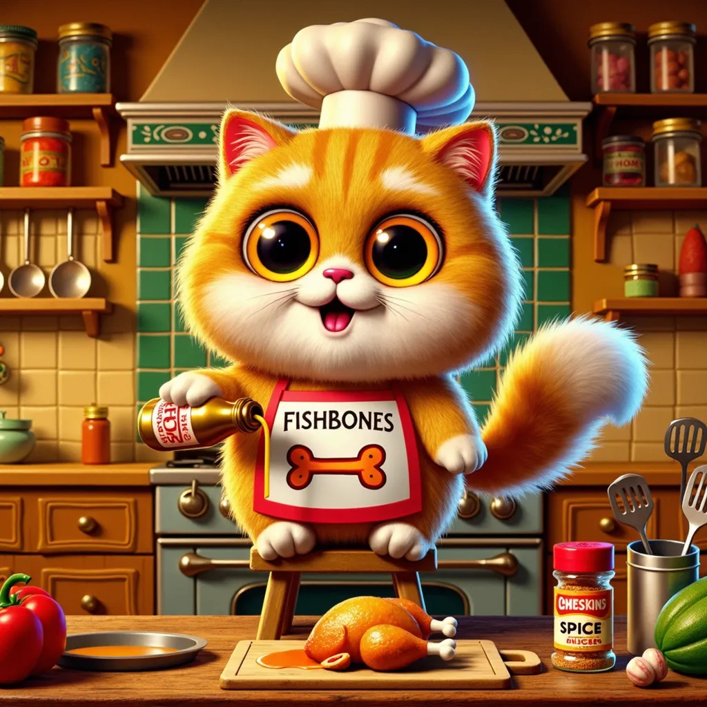 Mischievous Seasoning – The cat pours an excessive amount of spice on the chicken with a cheeky grin. The art style is colorful, expressive, and slightly exaggerated for comedic effect. The lighting remains warm and inviting across all images, with consist...