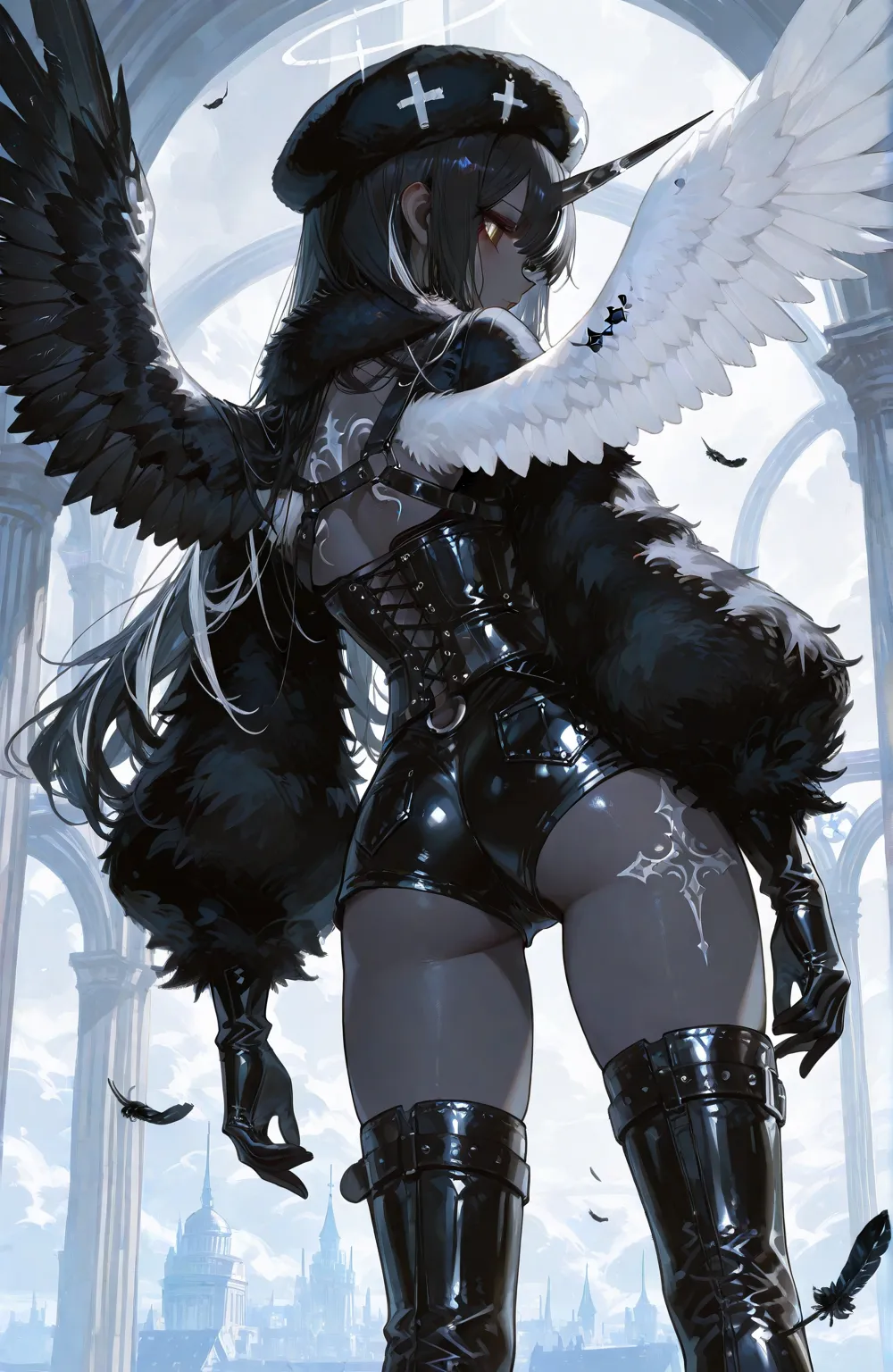 The girl is a fallen black-and-white angel. Her long hair is obsidian black straight with white highlights. her eyes are dark black with white  crosses-like  pupils.  She has dark-grey skin and pointed ears. on her skin she has a tattoo of the silver cross...