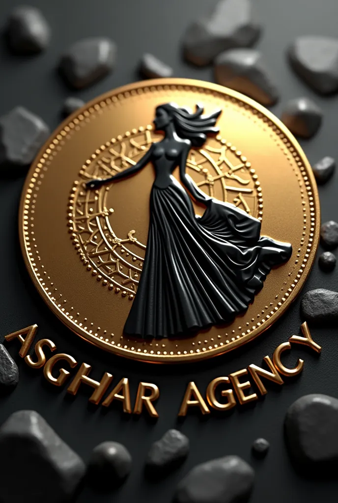 Create a 3d logo for my modeling agency with a girl silluette, a gold coin and and the luxurious name Asghar Agency