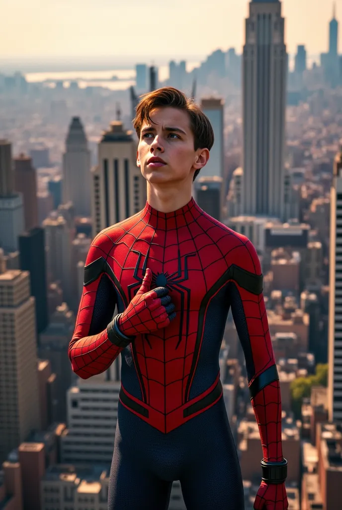 Picture of Peter putting on the Spider-Man costume for the first time, swinging across New York City's tall buildings]