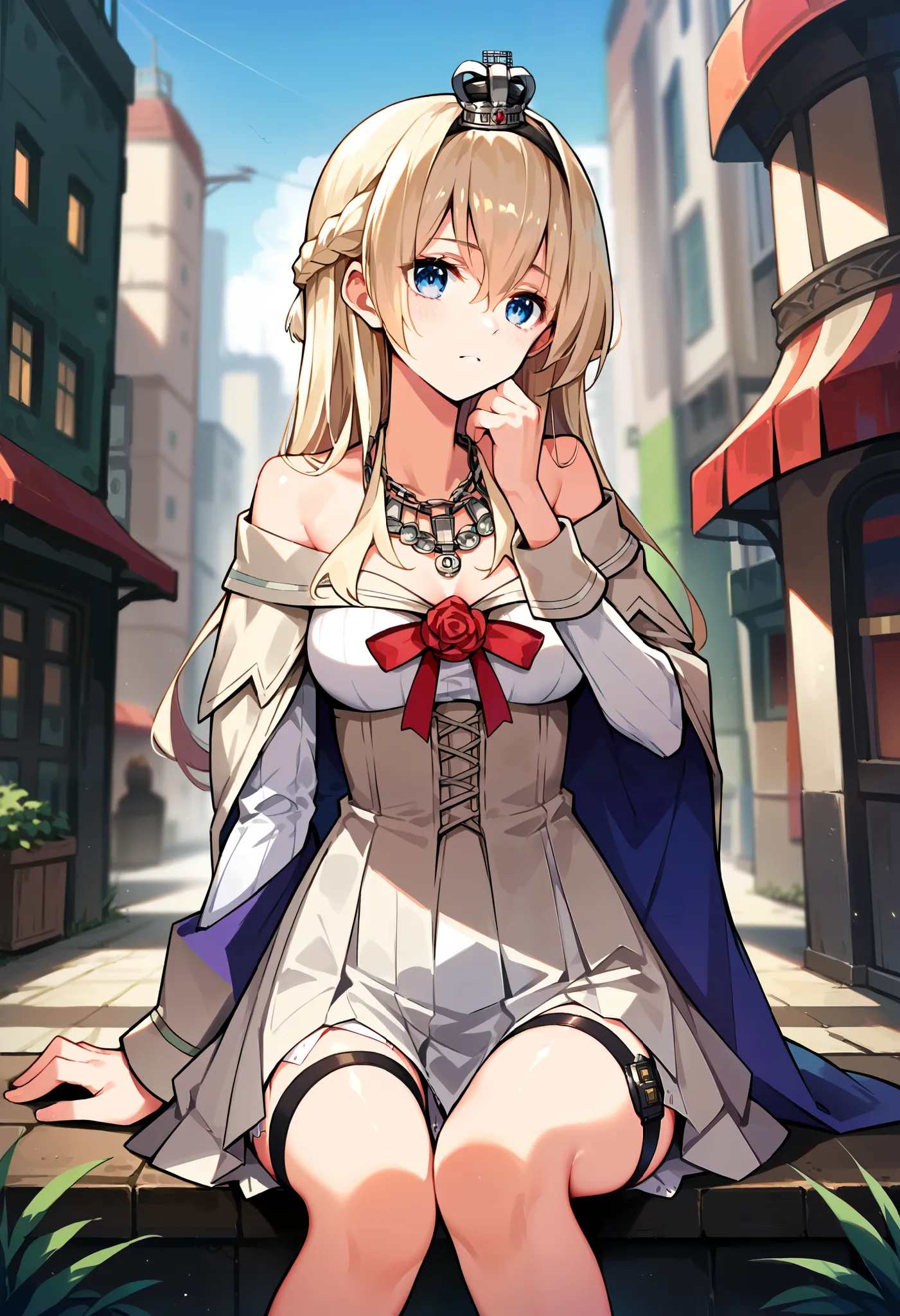 score_9, score_8_up, score_7_up,  source_anime, masterpiece, 1 girl, CT_w4rspite, blue eyes, Off Shoulder Dress, long sleeve, corset, red ribbon, necklaces, thighsハイソックス, garter strap, facing viewer, viewers, outdoor, city, depth of field, Chest,  shiny sk...