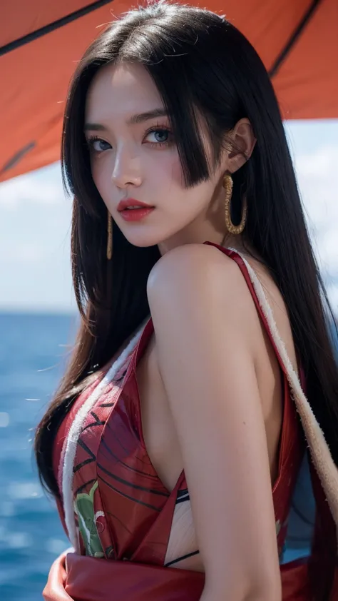 The Man with Long Hair , red kimono, Boa Hancock, Boa Hancock from anime one piece, as an Anime Characters, perfect anime face, she has black hair with bangs, female Anime Characters, Anime Characters,   Anime Best Girl  ,  Princess Cut Hairstyle , black h...