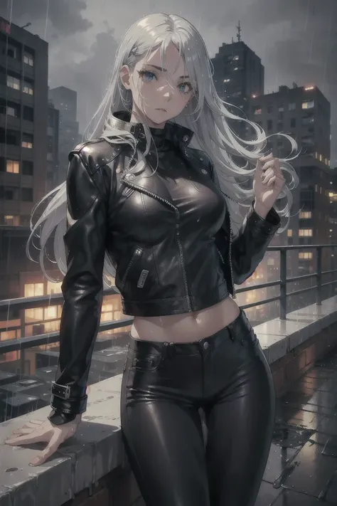 (masterpiece), best quality, perfect face, long hair, silver hair, ((leather jeans)), sweat, night, rooftop on building, ((rain)), jacket, black pants, wide hips