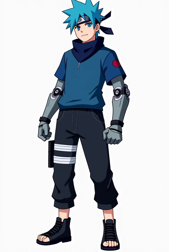  play a fictional male character inspired by the ANIME NARUTO, Is he a ROBOT man, he has blue hair, Blue clothes and a robotic arm,  black pants,  black sneakers, Do it standing, Is there a bandana from Vila da Areia