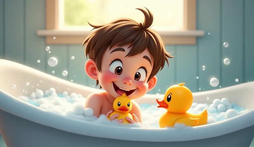 A joyful young boy with short, detailed brown hair sits in an enormous, bubbly bathtub, holding a small rubber duck close to his chest. His large, expressive eyes light up with delight as he squeezes the duck, making it let out a cheerful squeak. His damp ...